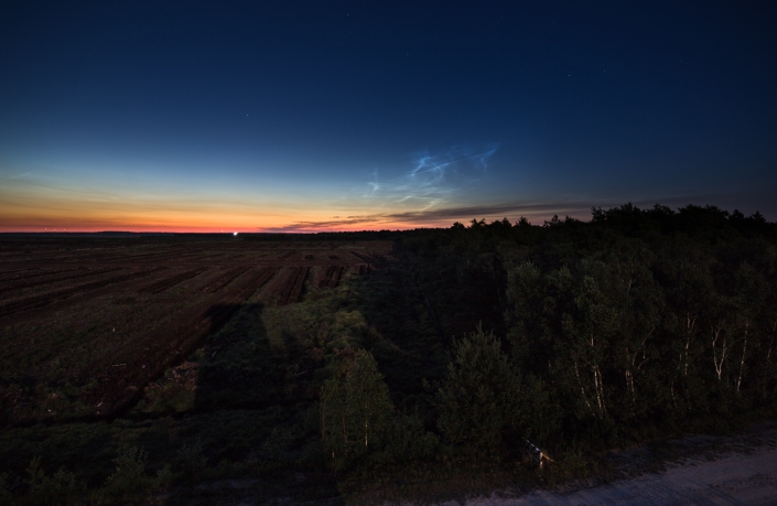 Leuchtende Nachtwolken (Noctilucent Clouds/NLC) - 28.06.2018, 3:26 MESZ - Großes Moor / Uchte, magisch anmutend trohnten die leuchtenden Nachtwolken über den Baumwipfeln und der Torfwüste.